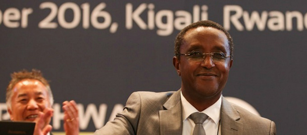 President of the 28th Meeting of the Parties to Montreal Protocol in Kigali, Vincent Biruta of Rwanda, brings thee gavel down marking the adoption of the Kigali Amendment